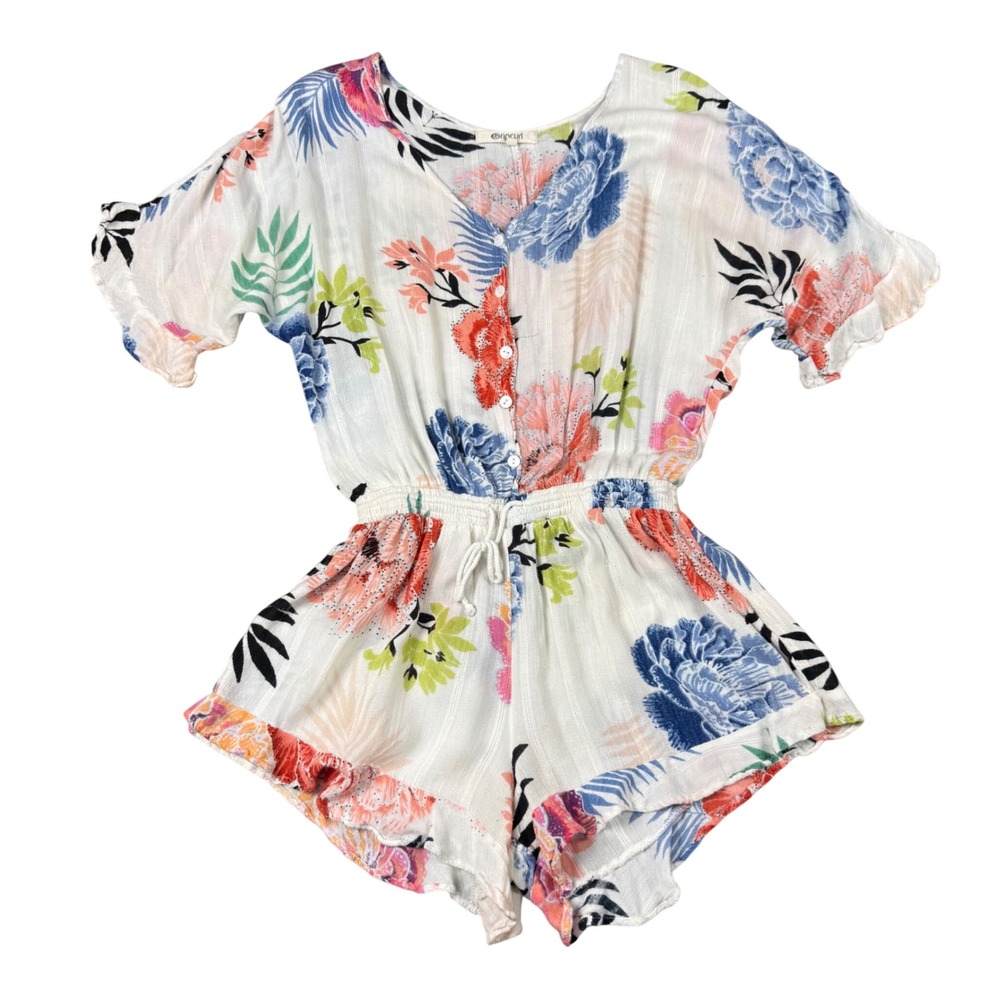 Rip Curl Romper Womens Small Viscose White Floral Tropical Button Front Ruffle